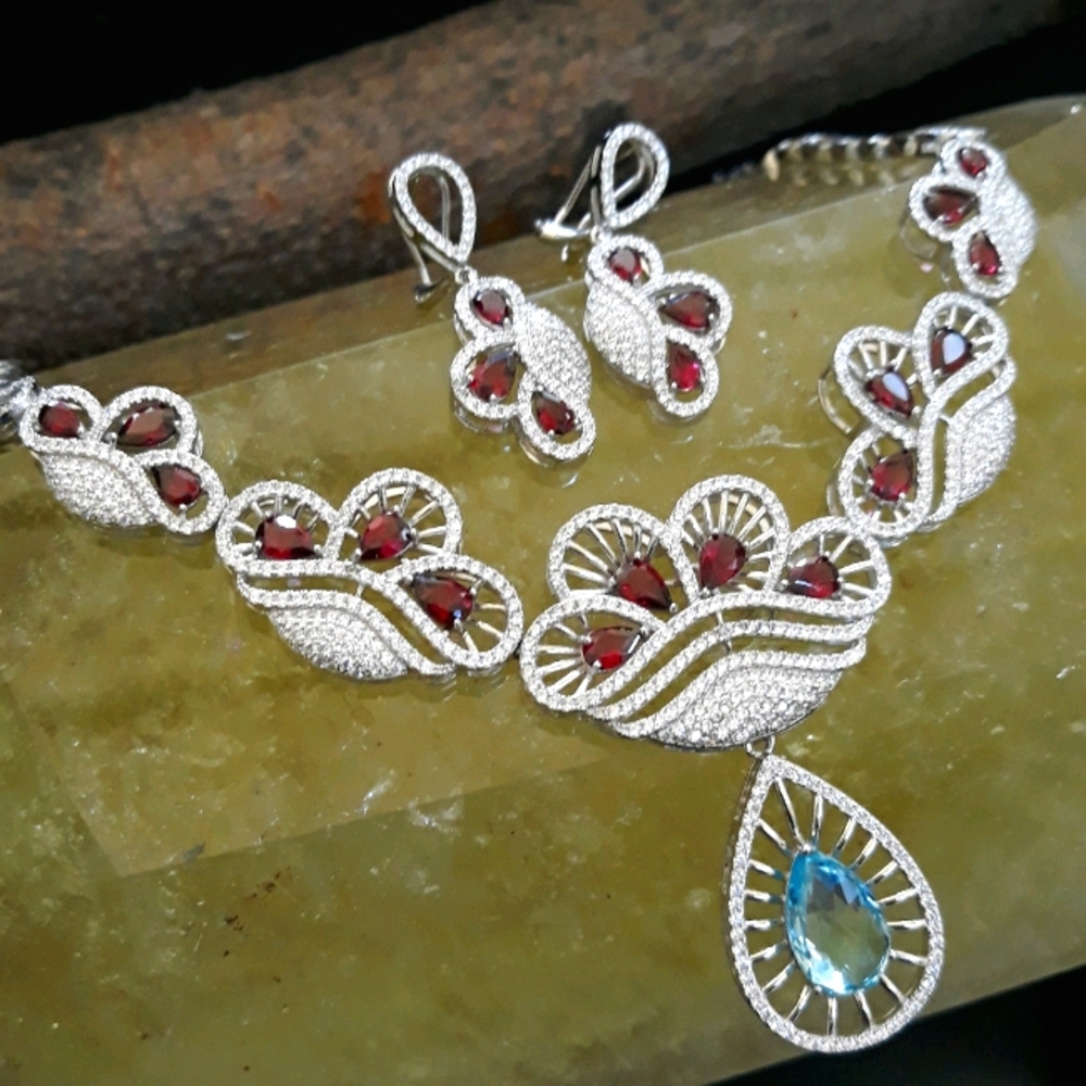 Natural Sky Blue Topaz Rhodolite Garnet Necklace